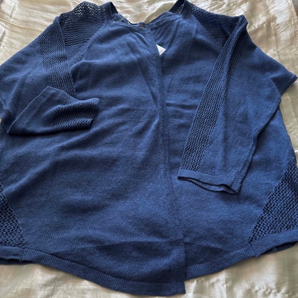 CARDIGAN, OPEN FRONT, LINEN BLEND, DUTCH BLUE, SZ 4X, OPEN LATTICE ACCENTS - Picture 1 of 9